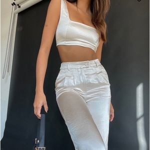 Princess Polly Huxley Crop Top/Pant Set Satin Champagne